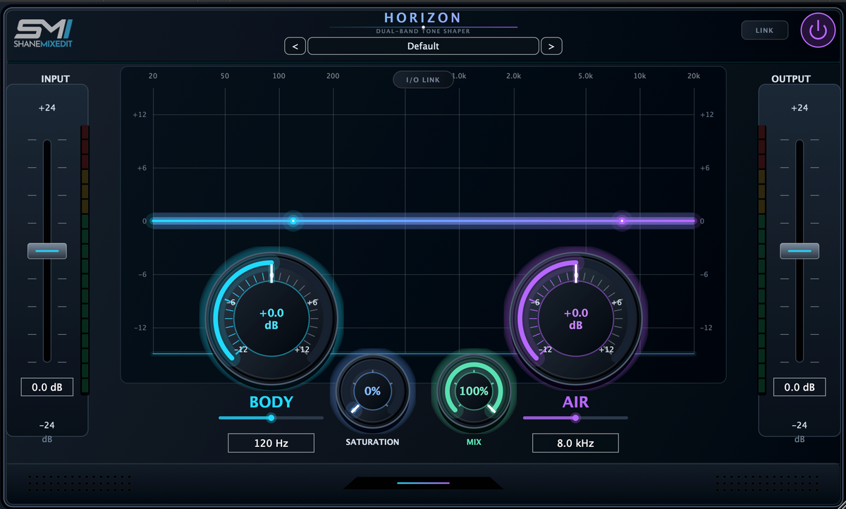 Actual HORIZON plugin interface with Body, Air, Saturation, Mix, Input and Output controls