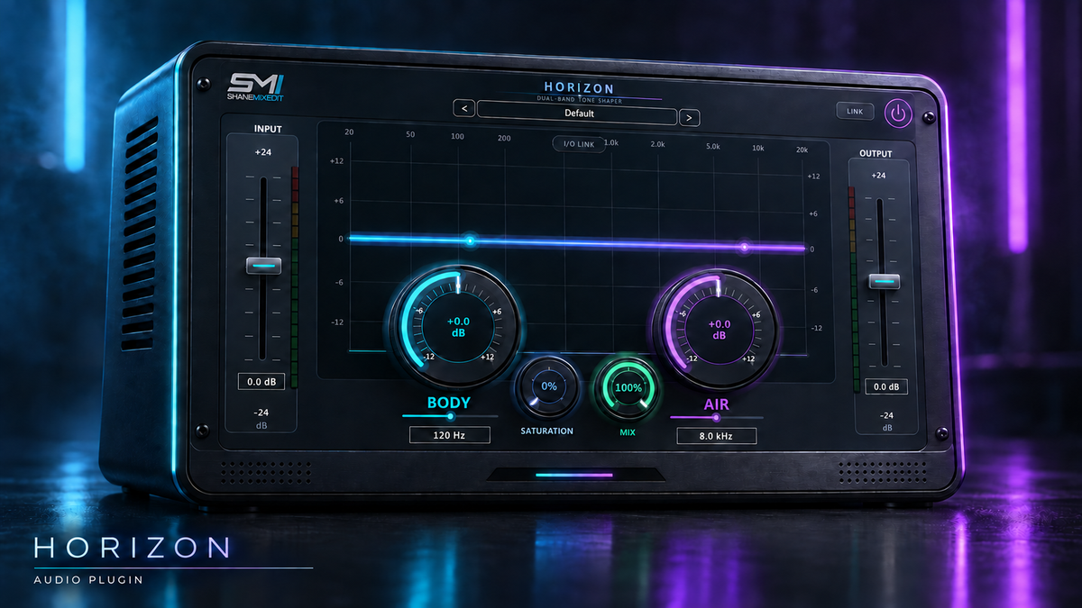 HORIZON audio plugin promotional artwork rendered as a studio device